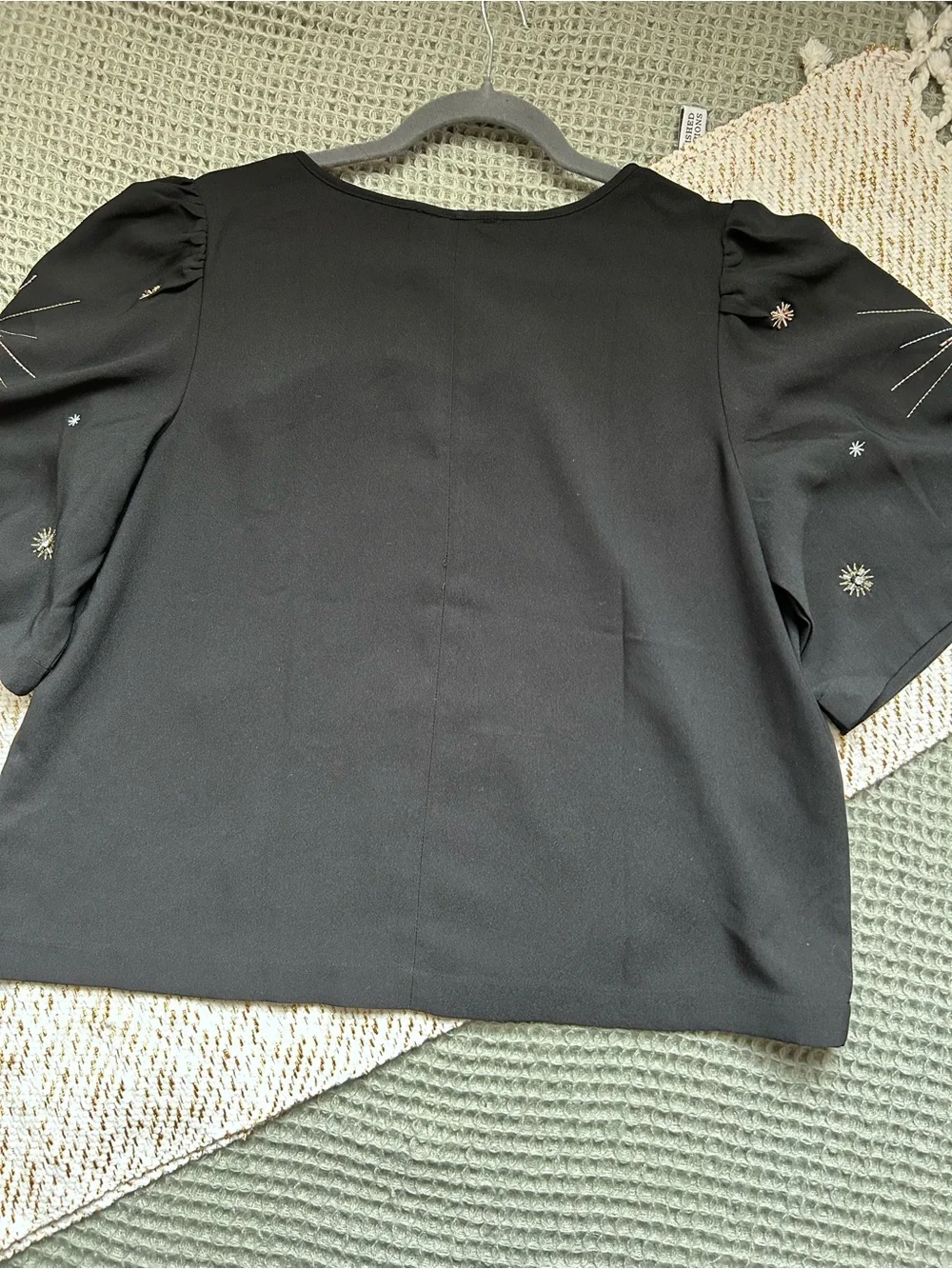 LOFT Black V-Neck Starburst Embroidered Puff-Sleeve Blouse
